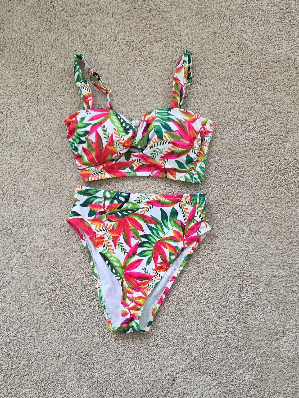 Tropical Floral High-Waist Bikini Set - Pink & Green